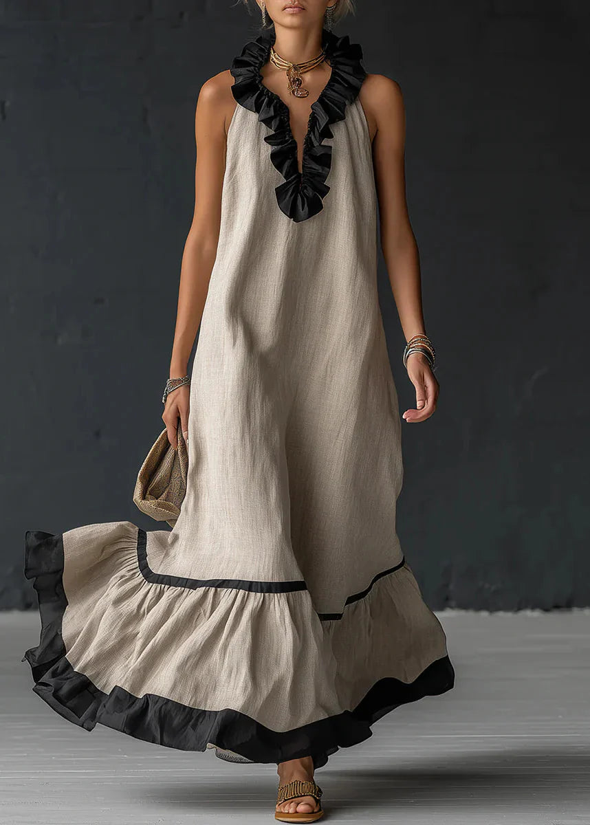 Abito lungo da donna fluido con volant a contrasto chic