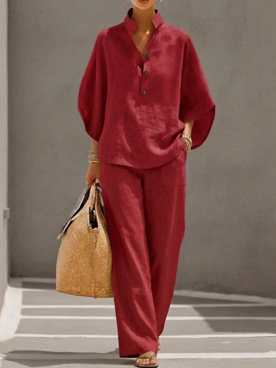 Completo donna cotone lino con top a pipistrello e pantaloni larghi