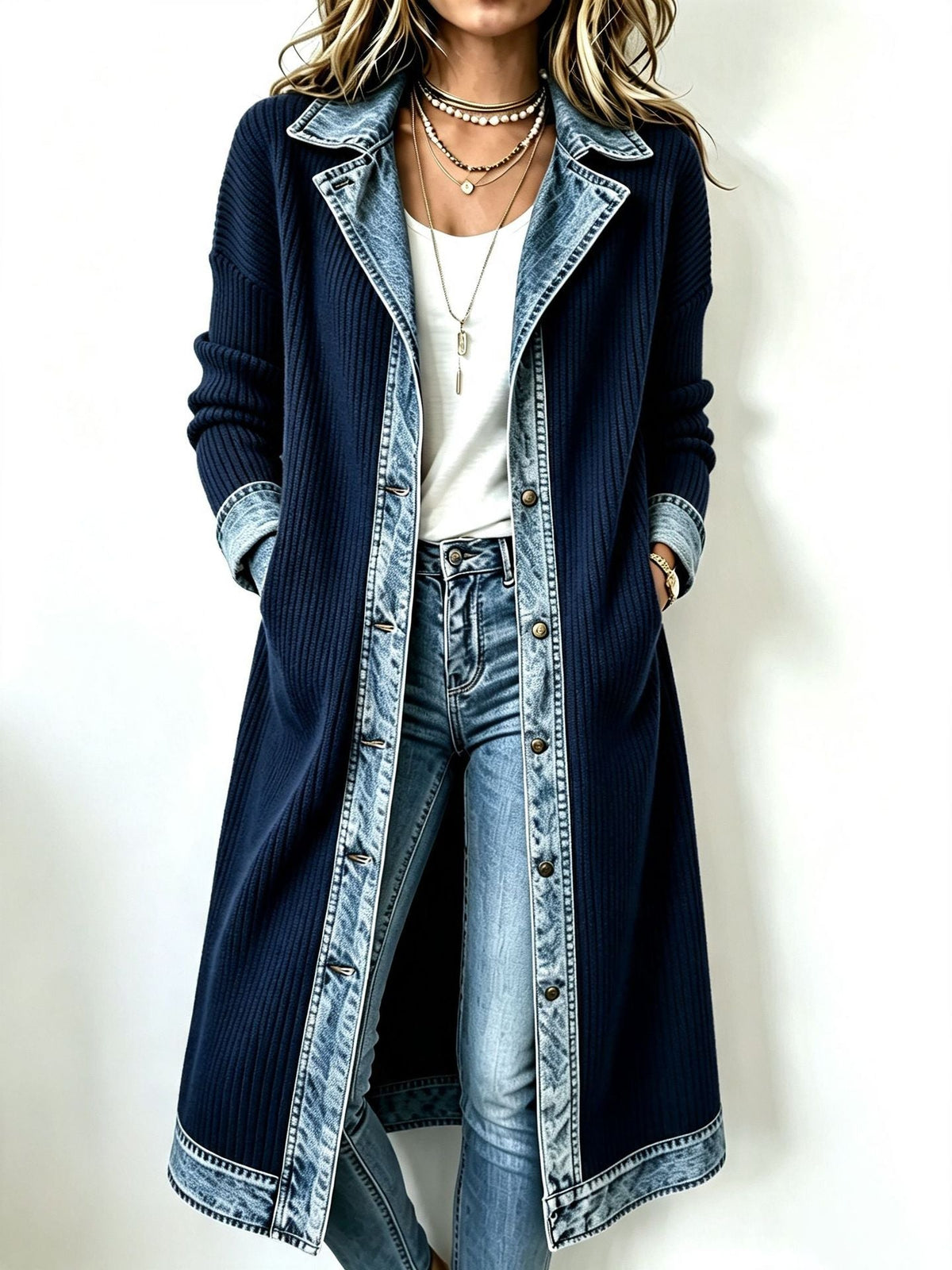 Cardigan lungo donna in maglia a coste con dettagli effetto denim
