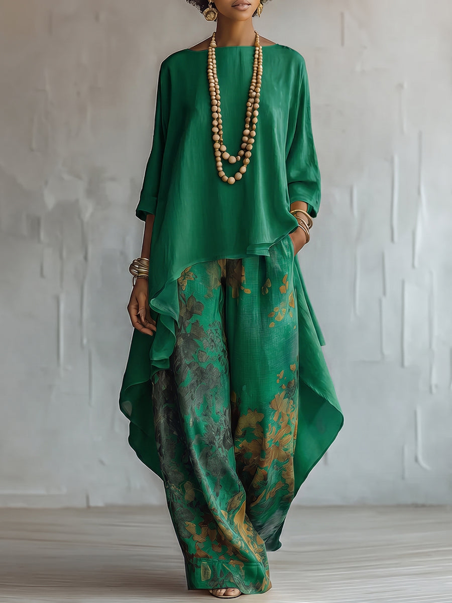 Completo donna boho con blusa asimmetrica e pantaloni floreali