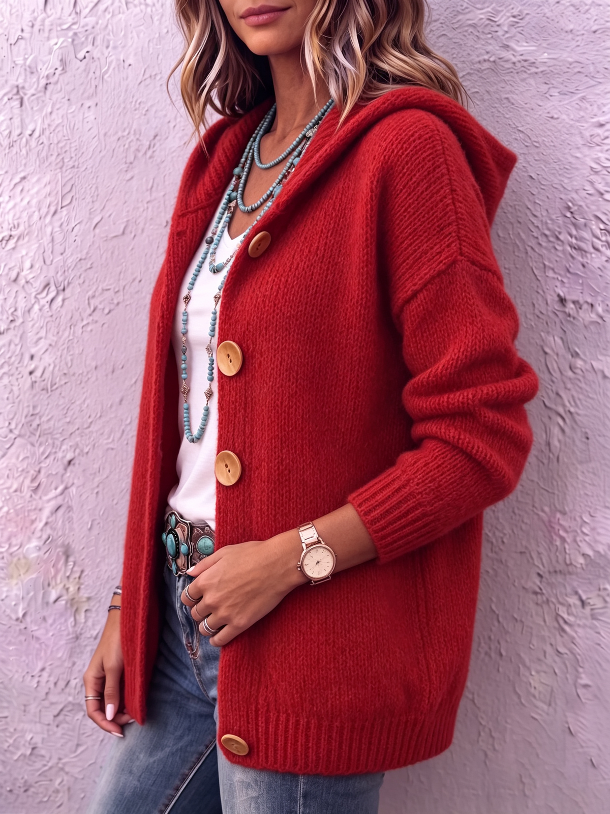 Cardigan donna in maglia con cappuccio e bottoni