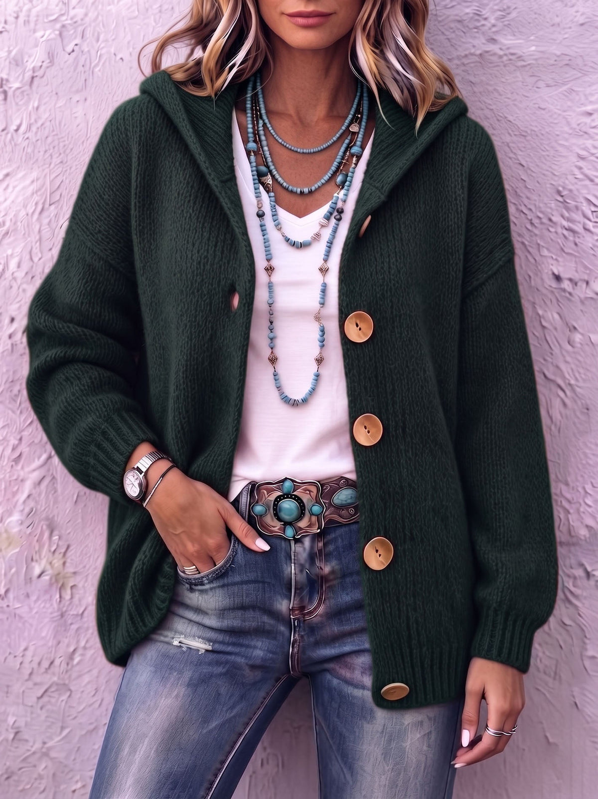 Cardigan donna in maglia con cappuccio e bottoni
