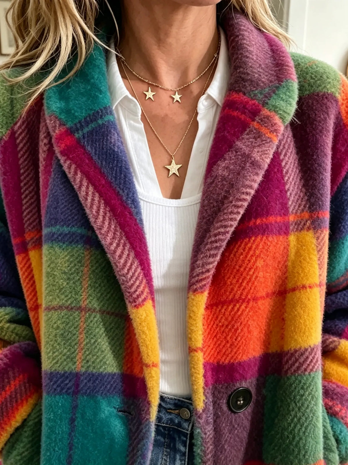 Cappotto donna a quadri con bottoni e texture morbida