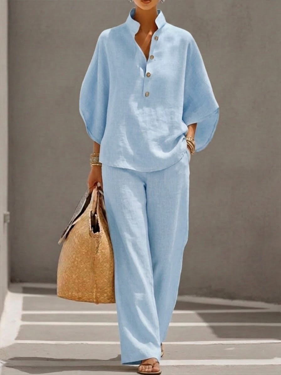 Completo donna cotone lino con top a pipistrello e pantaloni larghi