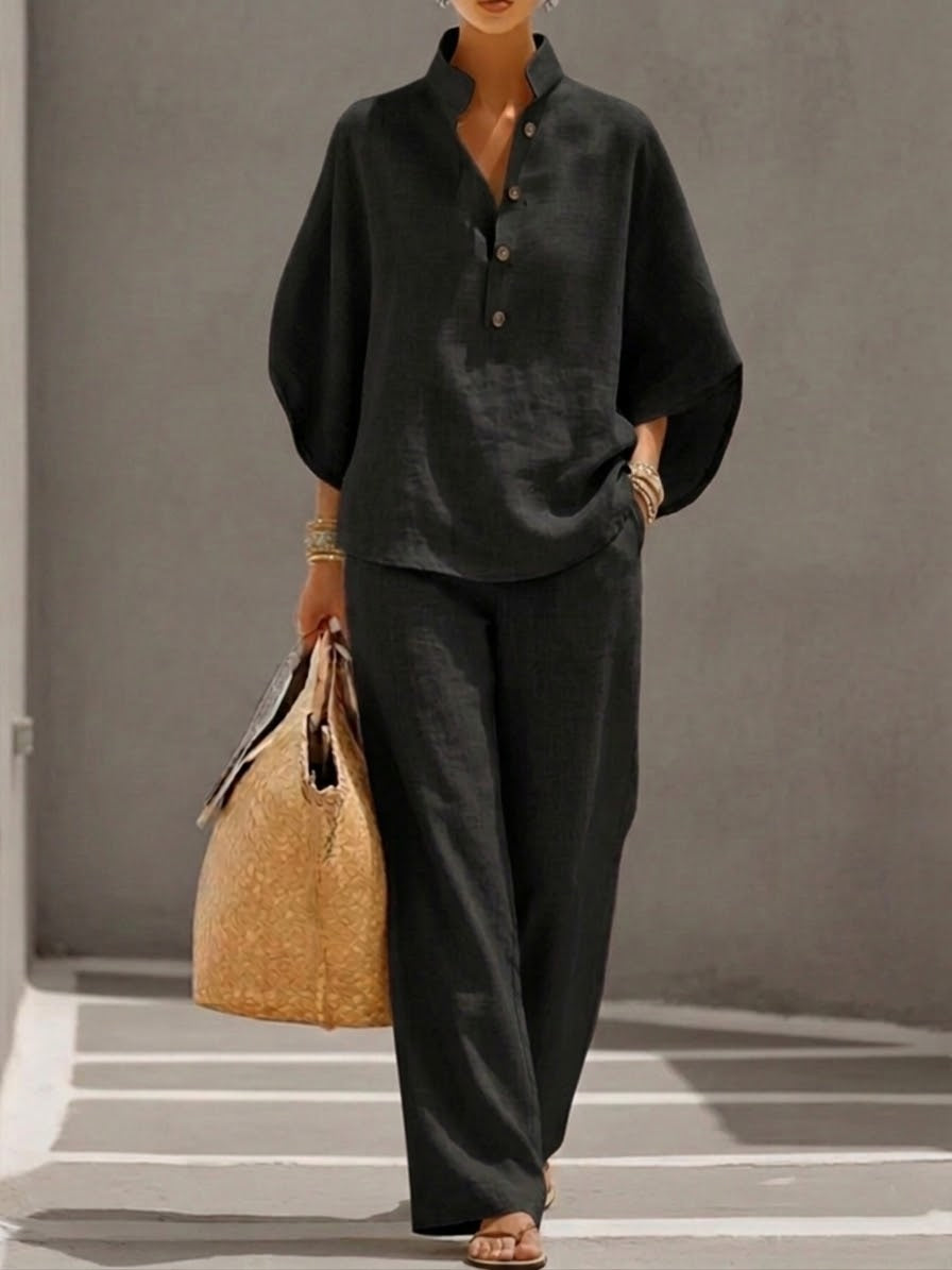 Completo donna cotone lino con top a pipistrello e pantaloni larghi