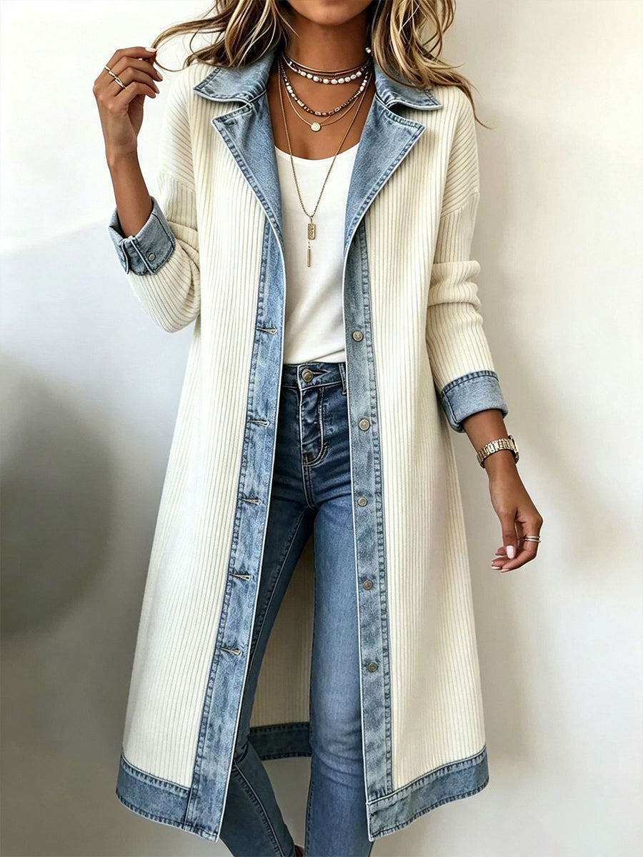 Cardigan lungo donna in maglia a coste con dettagli effetto denim