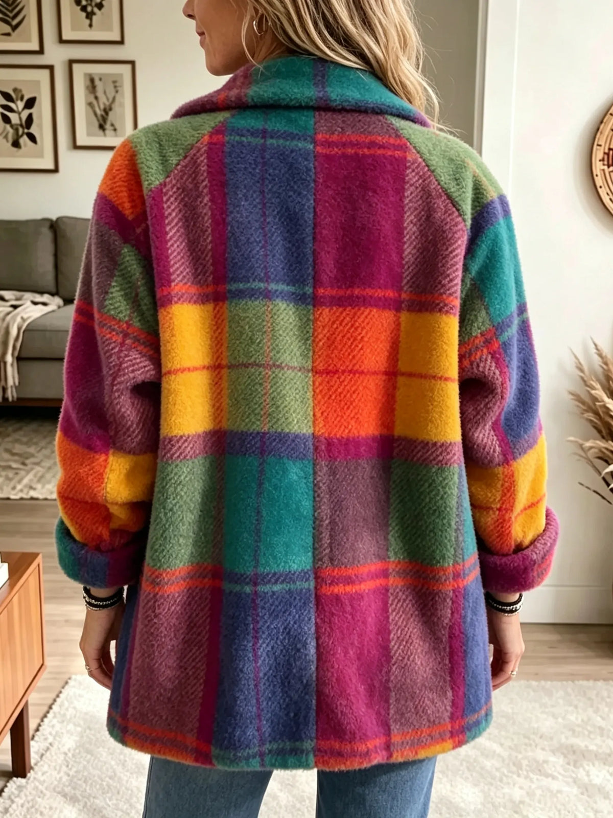 Cappotto donna a quadri con bottoni e texture morbida