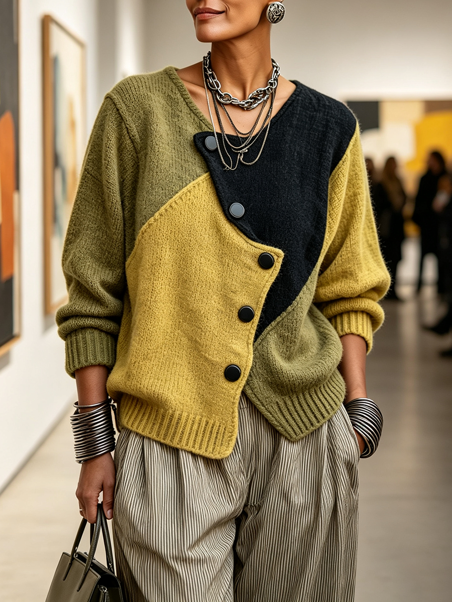 Maglione donna color-block con bottoni asimmetrici