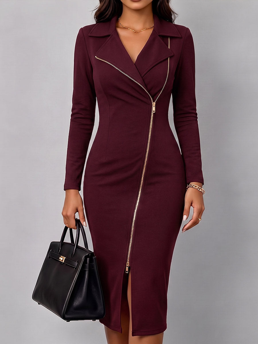 Abito midi donna aderente con revers e zip asimmetrica