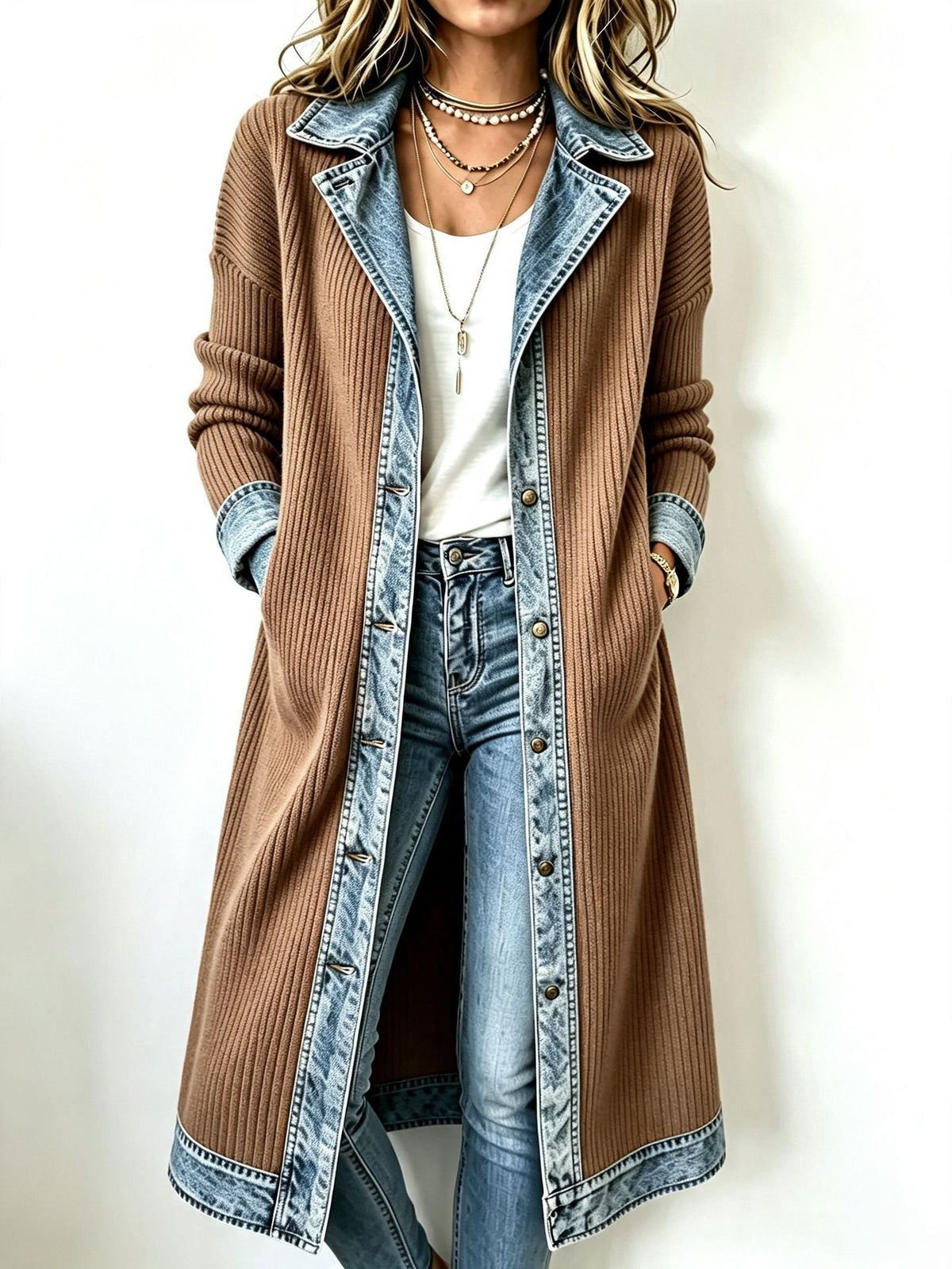 Cardigan lungo donna in maglia a coste con dettagli effetto denim