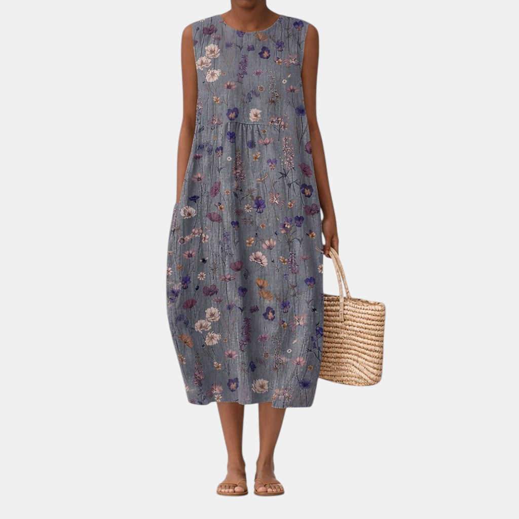Abito midi smanicato donna con micro stampa floreale