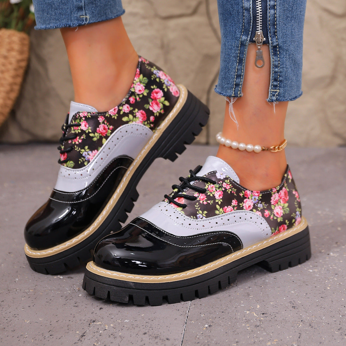 Scarpe Oxford donna floreali con suola platform e lacci