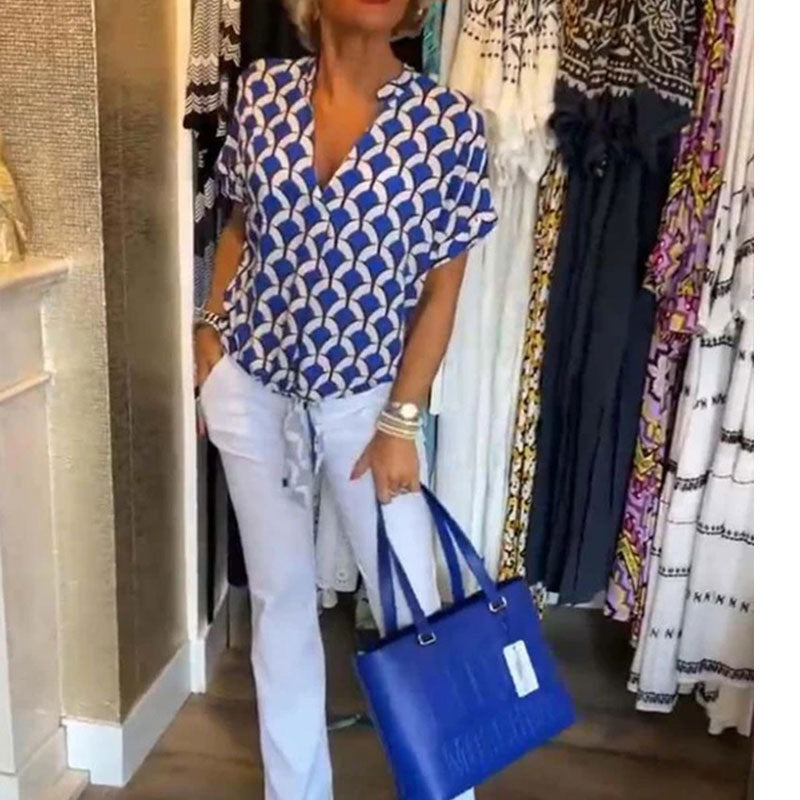 Top donna stampato con scollo a V e maniche corte