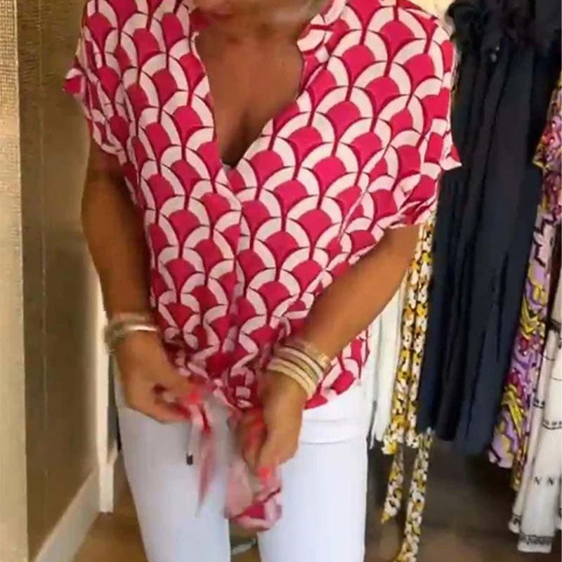 Top donna stampato con scollo a V e maniche corte