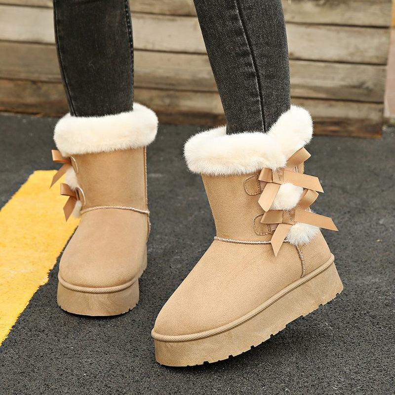 Stivali donna invernali foderati con fiocchi decorativi e suola platform