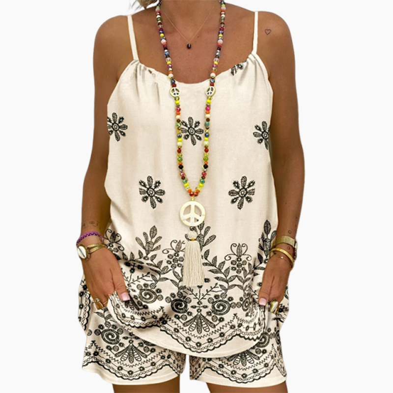 Completo donna bohémien con canotta e shorts stampati