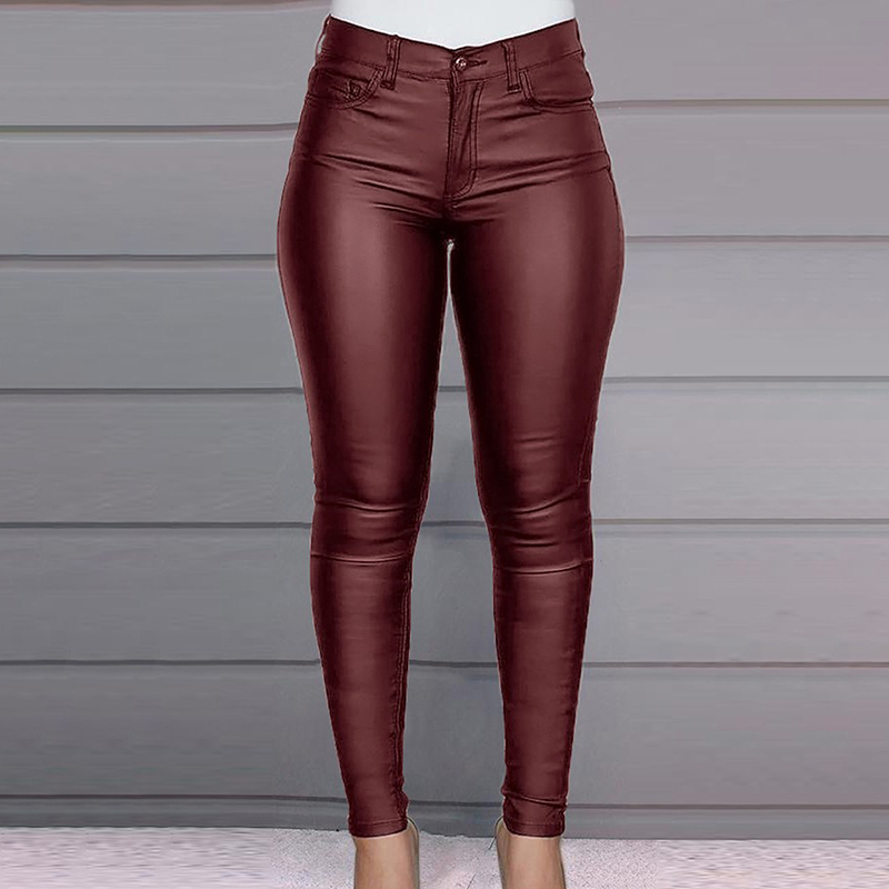 Pantaloni skinny donna vita alta effetto pelle