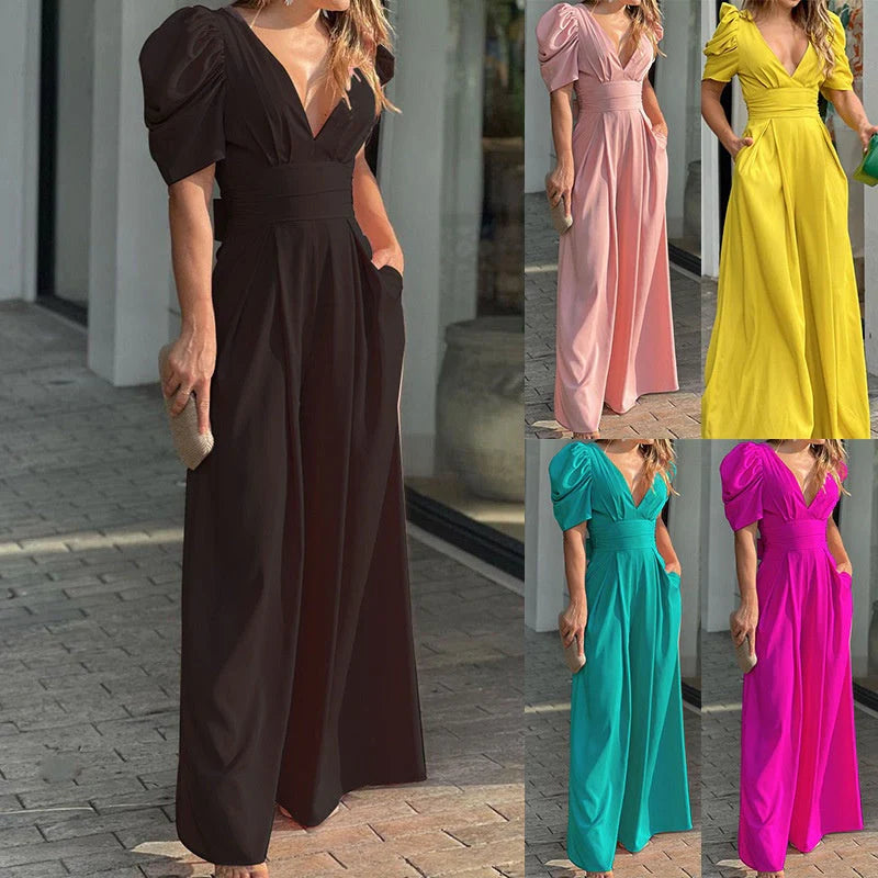 Tuta elegante da donna con scollo a V e palazzo