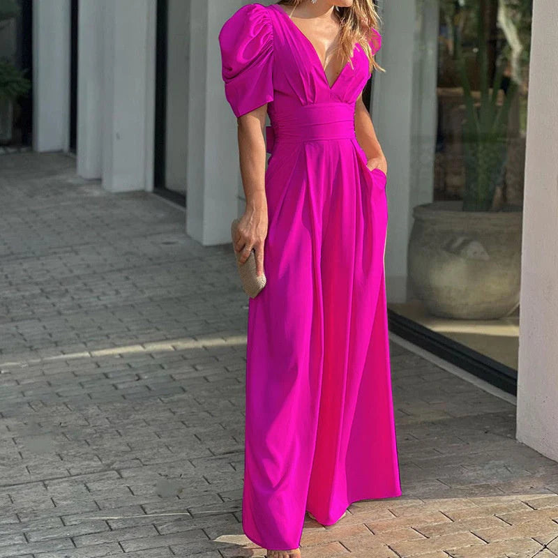 Tuta elegante da donna con scollo a V e palazzo