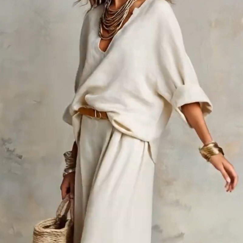 Completo donna resort effetto lino con pantaloni palazzo