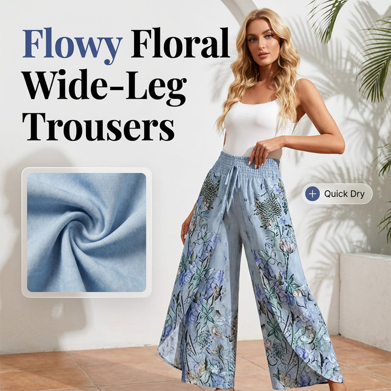 Pantaloni palazzo donna floreali con vita arricciata