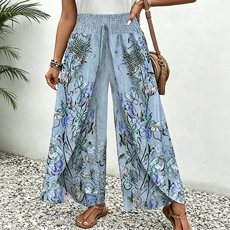 Pantaloni palazzo donna floreali con vita arricciata