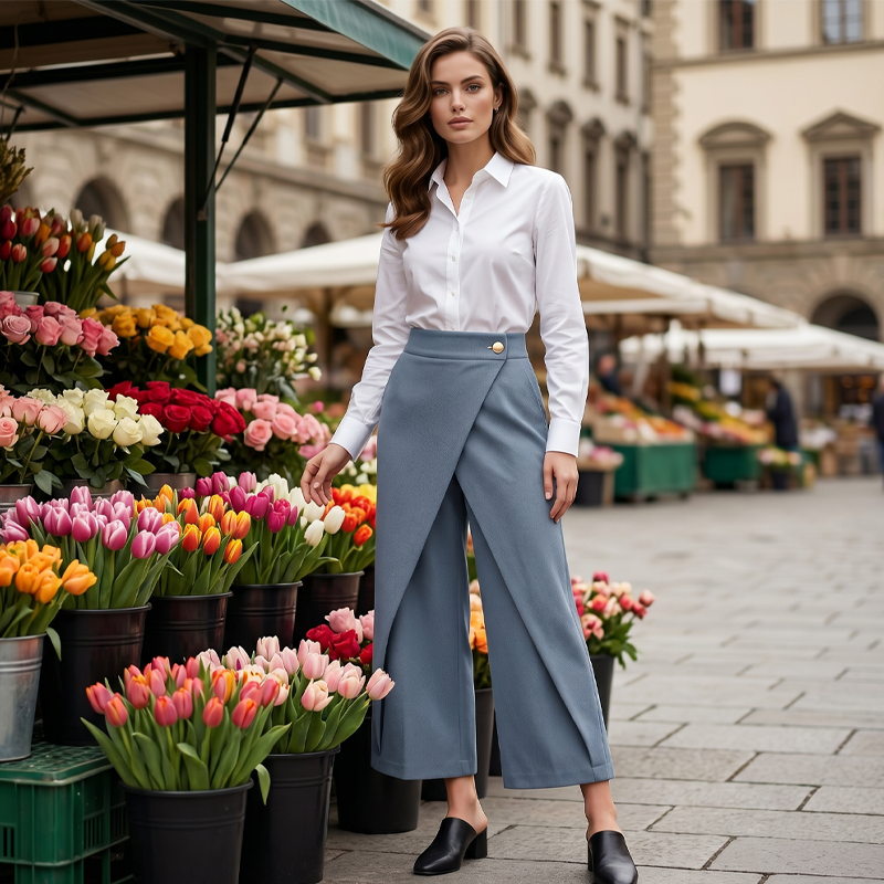 Pantaloni culotte donna effetto gonna con pannello incrociato