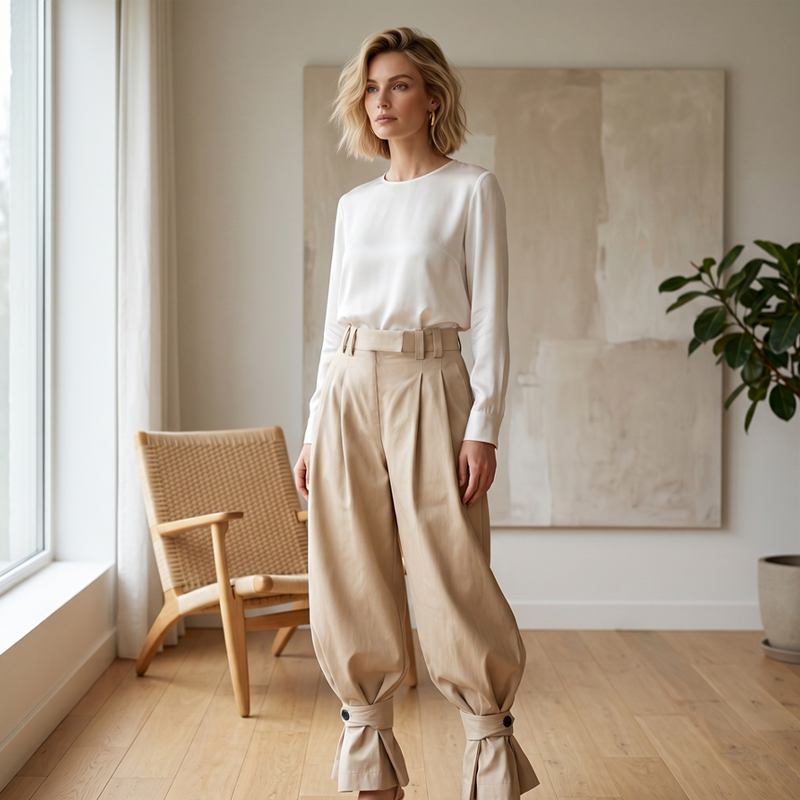 Pantaloni donna eleganti plissettati con volant alla caviglia