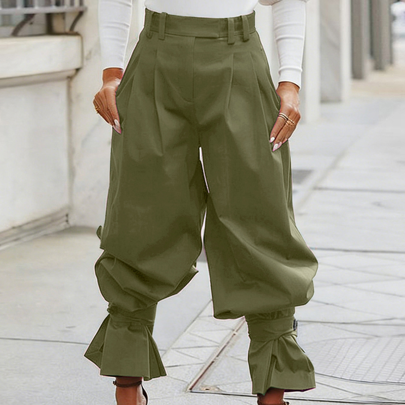 Pantaloni donna eleganti plissettati con volant alla caviglia