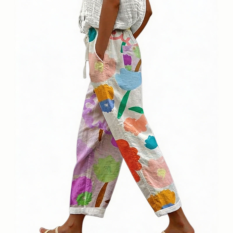 Pantaloni donna estivi floreali con vita regolabile