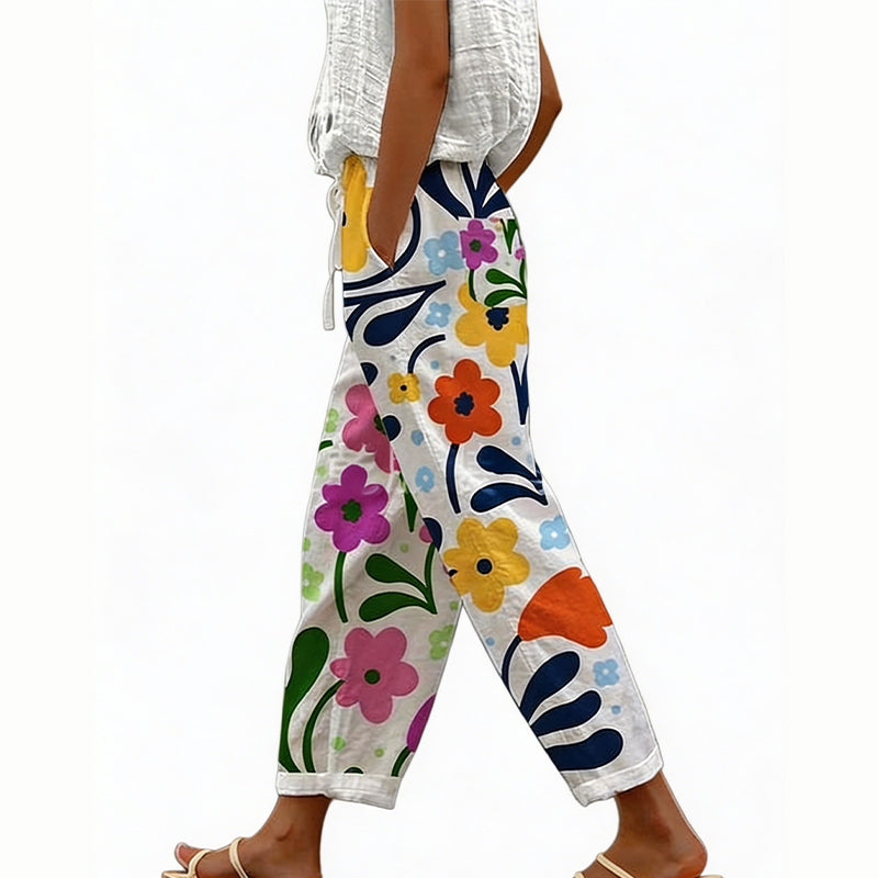 Pantaloni donna estivi floreali con vita regolabile