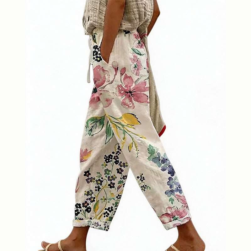 Pantaloni donna estivi floreali con vita regolabile