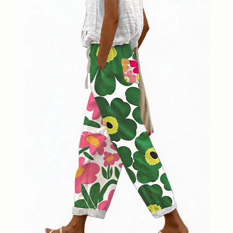 Pantaloni donna estivi floreali con vita regolabile