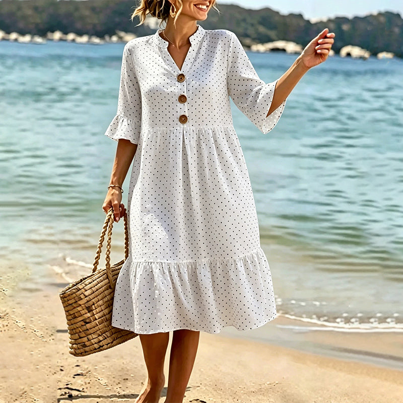 Abito midi da donna a pois con volant estivi