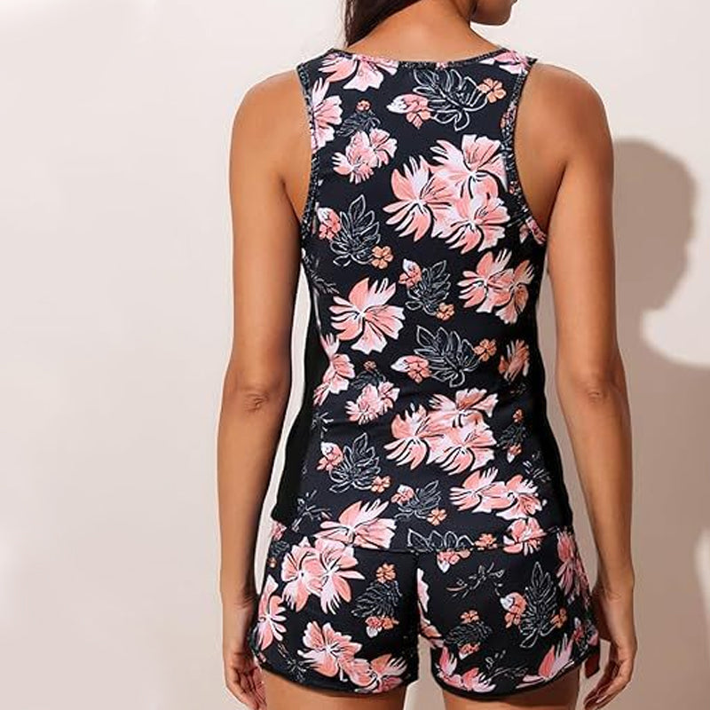 Completo costume donna tropicale con canotta e shorts