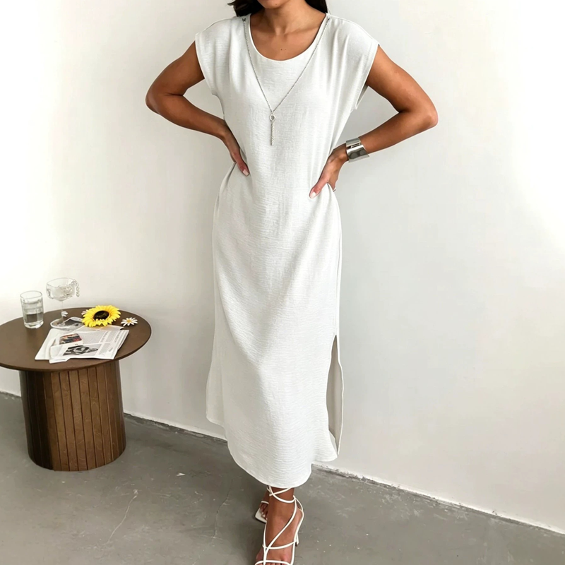 Abito midi da donna in micro-crepe con spacco laterale