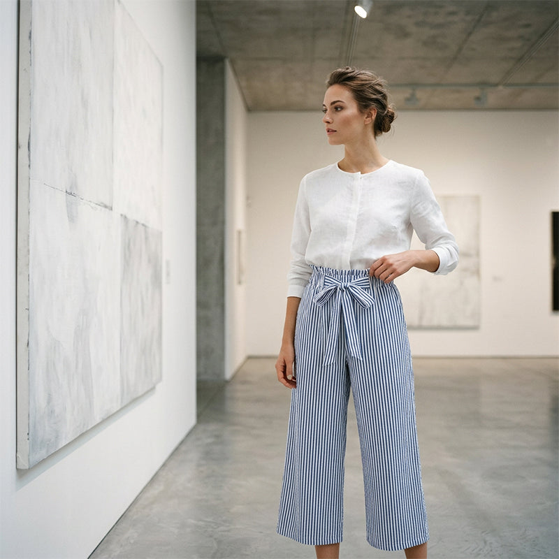 Pantaloni da donna a gamba larga con vita paperbag