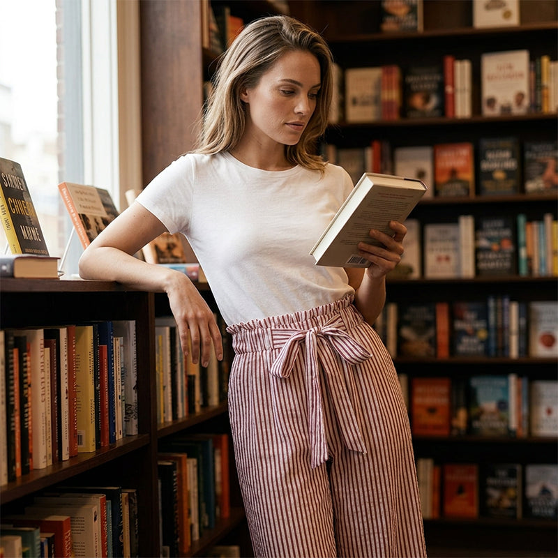 Pantaloni da donna a gamba larga con vita paperbag