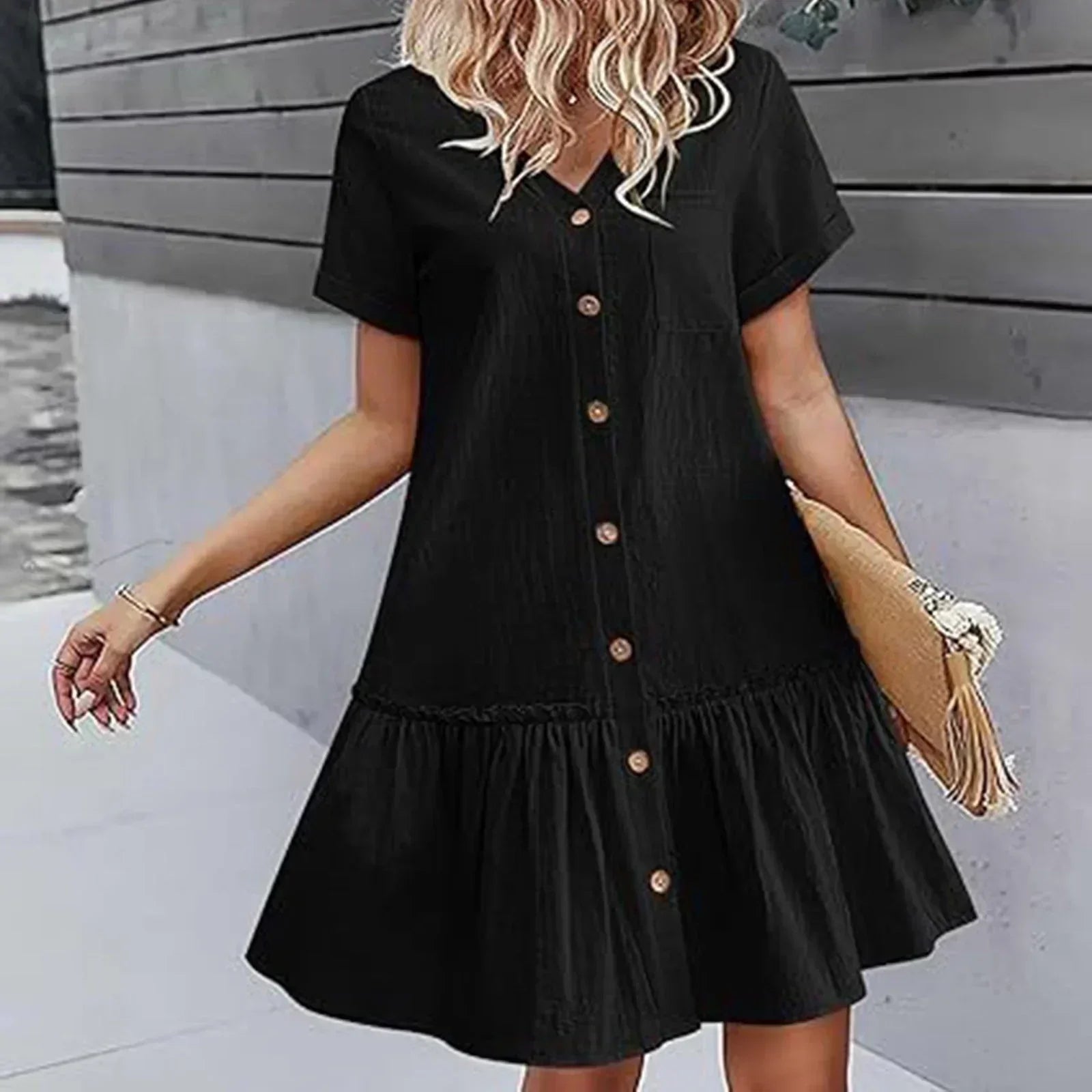 Abito corto donna in cotone lino con bottoni