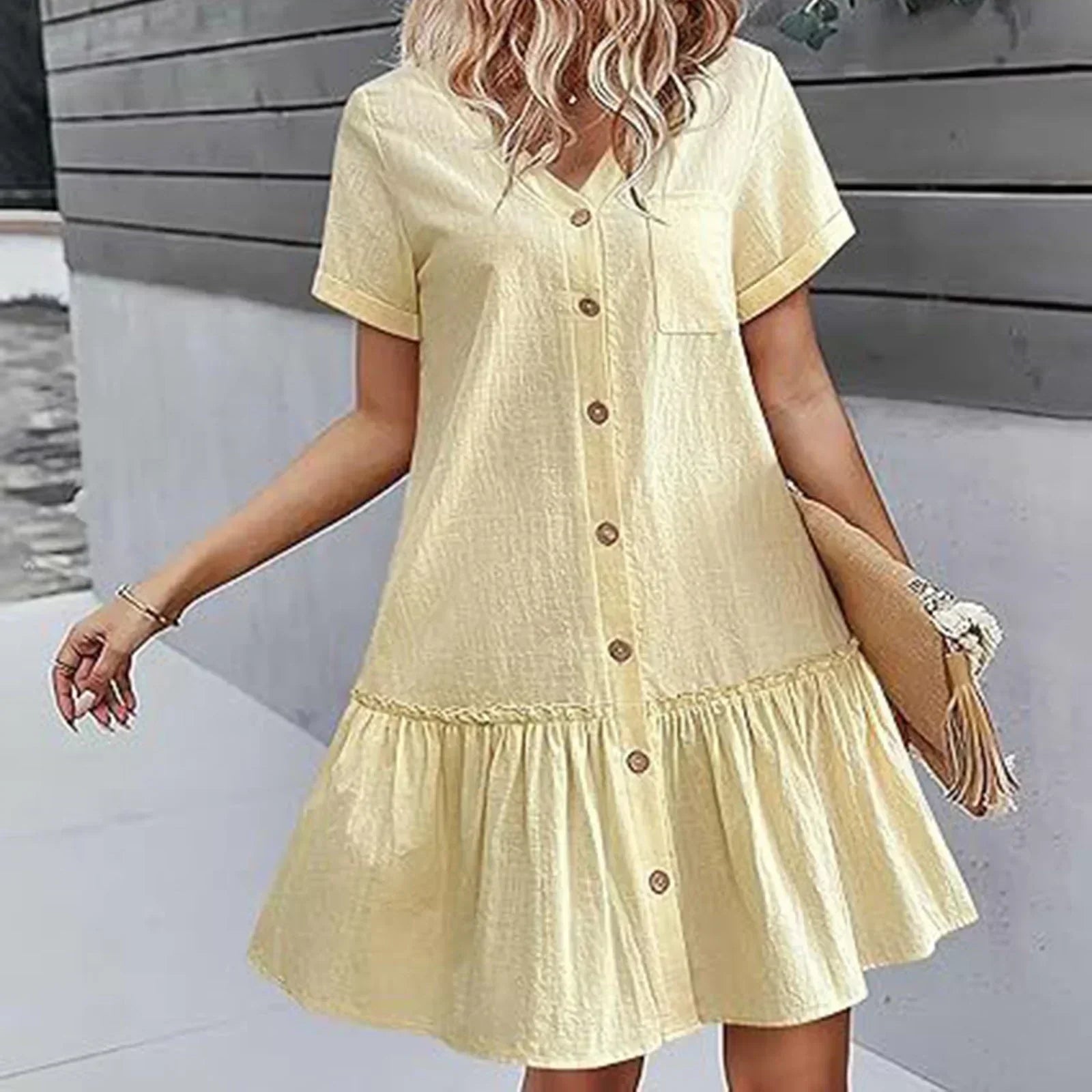 Abito corto donna in cotone lino con bottoni