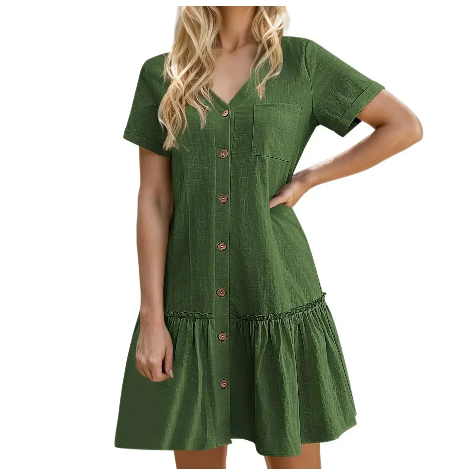 Abito corto donna in cotone lino con bottoni