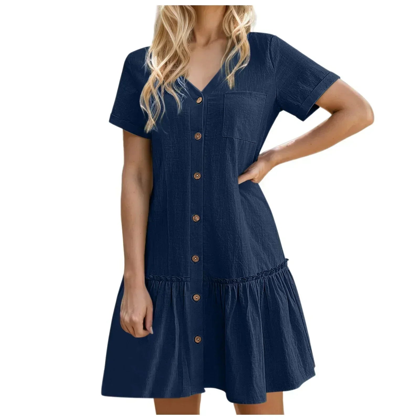 Abito corto donna in cotone lino con bottoni