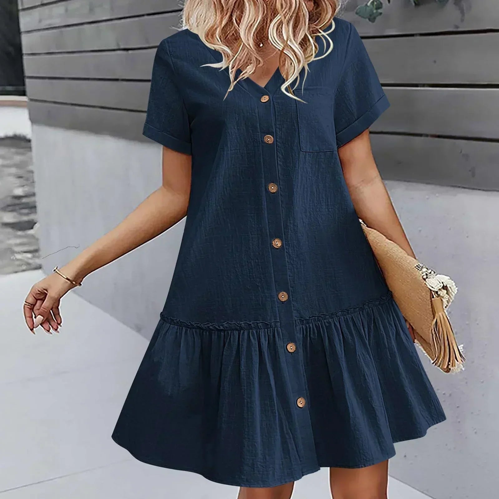 Abito corto donna in cotone lino con bottoni