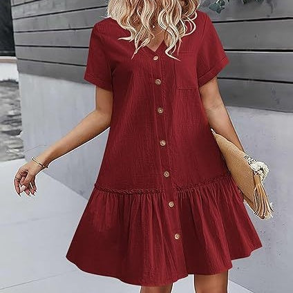 Abito corto donna in cotone lino con bottoni