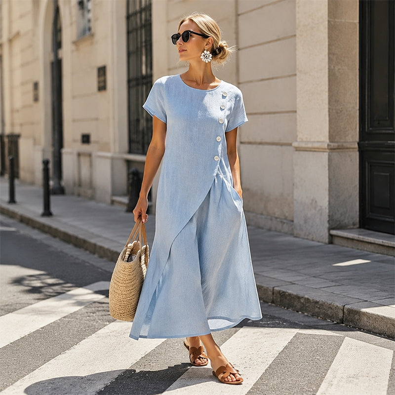 Abito midi donna in cotone lino con bottoni asimmetrici