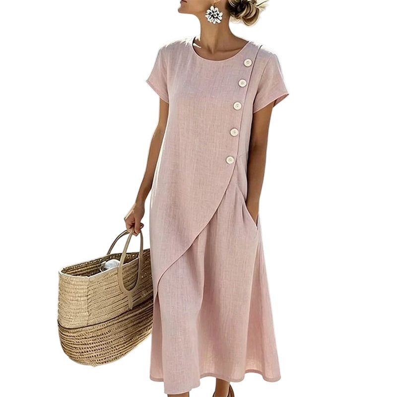 Abito midi donna in cotone lino con bottoni asimmetrici