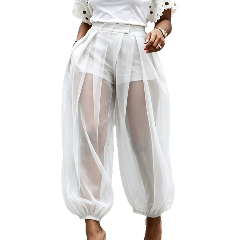 Pantaloni donna in rete trasparente con short integrato