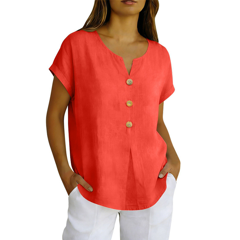 T-shirt donna con scollo a V e bottoni decorativi