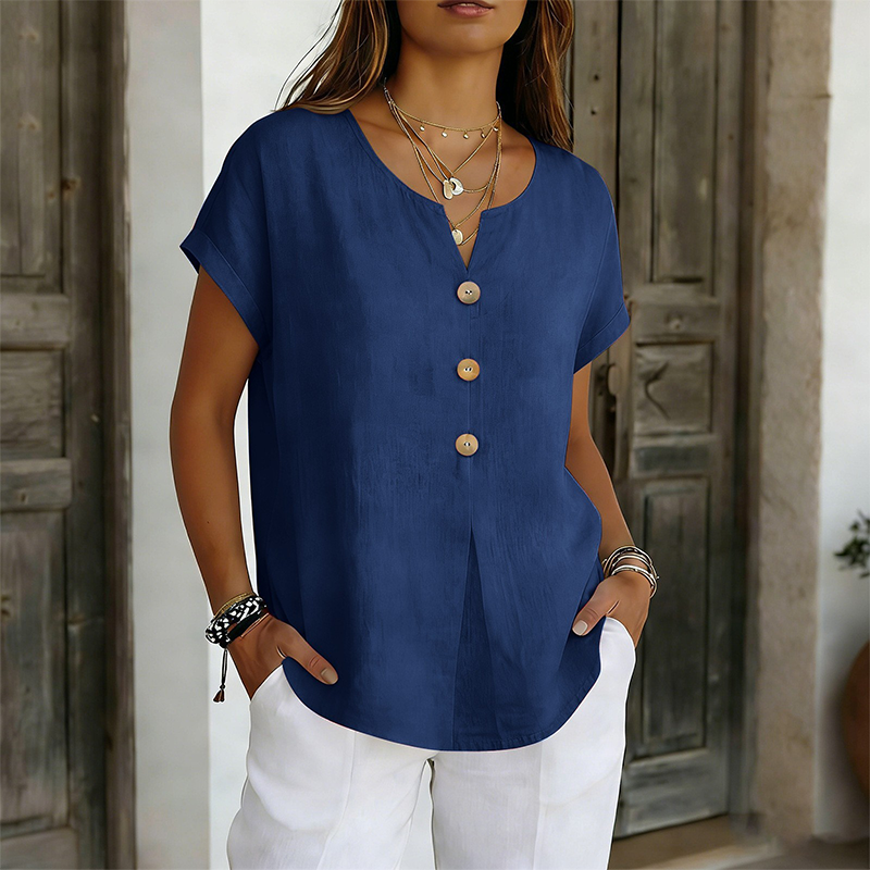 T-shirt donna con scollo a V e bottoni decorativi