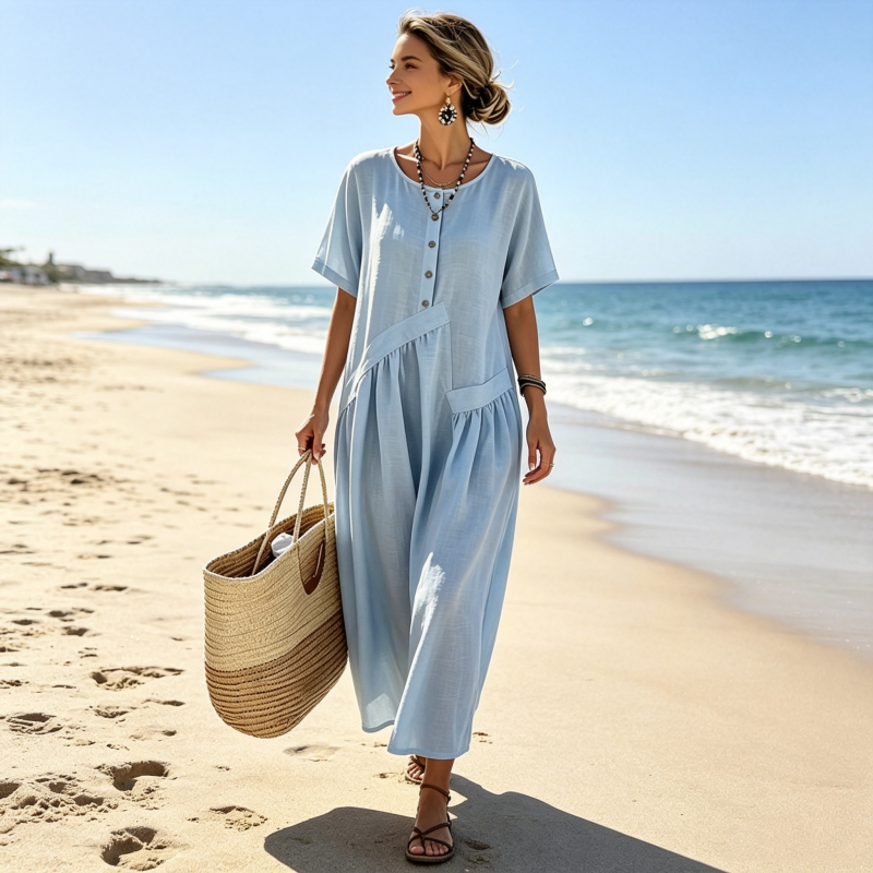 Abito maxi donna effetto cotone lino con bottoni
